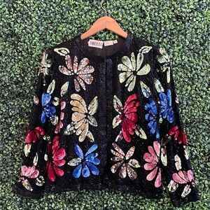 Sweelo Colorful Vintage Sequined Floral Jacket